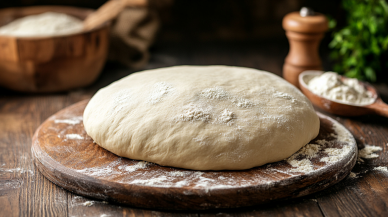 A Round Pizza Dough Resting on A Wooden Surface, Lightly Dusted with Flour, Showcasing the Process of Cold Fermentation vs. Quick Dough