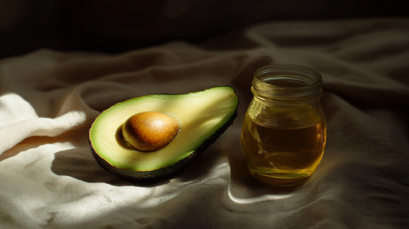 An Avocado Next to A Jar of Avocado Oil on A Soft Fabric Surface