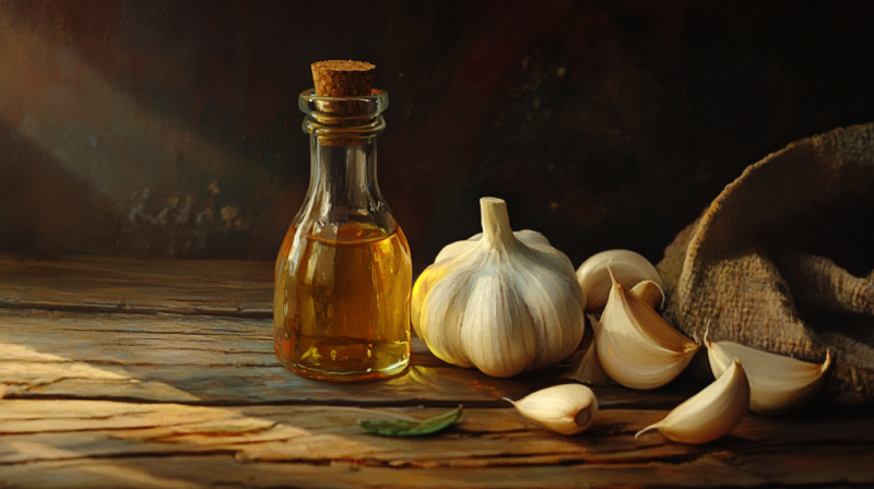 A Bottle of Garlic-Infused Olive Oil with Garlic Cloves on A Wooden Surface