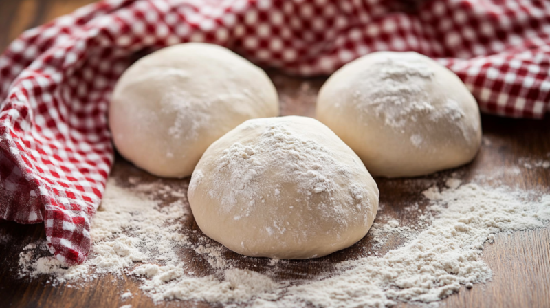 Three Dough Balls Coated with Flour on A Wooden Surface, with A Red and White Checkered Towel in The Background